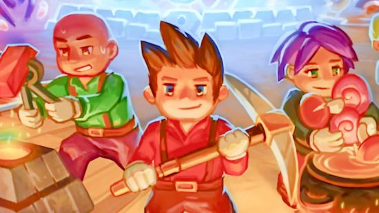 Very Positive co-op sandbox survival game heavily discounted: Three characters shown mining, forging, and cooking, from Core Keeper.