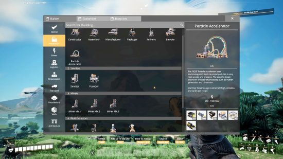The Productio menu in Satisfactory, with Everything Unlocked, thanks to one of the best Satisfactory mods.