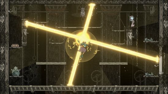 Fecha de lanzamiento de Saviorless: una figura flota en el aire, conjurando rayos de energía en forma de cruz.