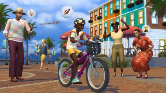 A family with members from all generations crowd around as a young girl learns to ride a bike in The Sims 4 Growing Together expansion pack.
