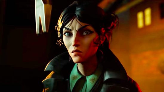 Metal Gear Solid meets LA Noire in stunning new detective RPG: A white cartoon woman with short black hair and green eyes, wearing a suit and tie, looks into the camera frowning in an alleyway