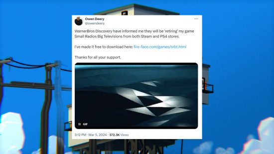 Small Radios Big Televisions Steam delisting: a blue sky background with a screenshotted tweet in front of it.
