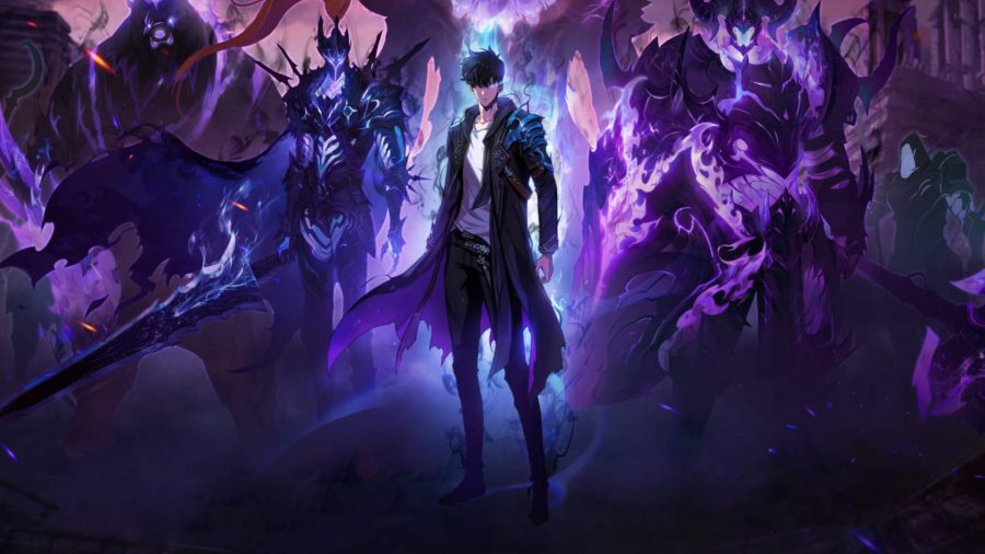 Solo Leveling Arise: An anime man in a long black coat stands with several shadowy figures behind him
