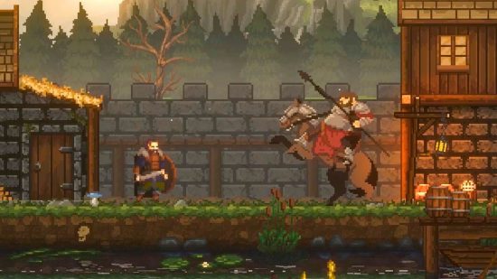 Sons of Valheim release date: a bright 2D pixelart image of a Viking facing off against a man on a horse with a spear