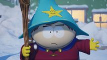 South Park snow day review: Cartman in a wizard's hat and staff, and red jacket
