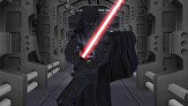 A pixel version of Darth Vader holding a red lightsabre in a long futuristic corridor