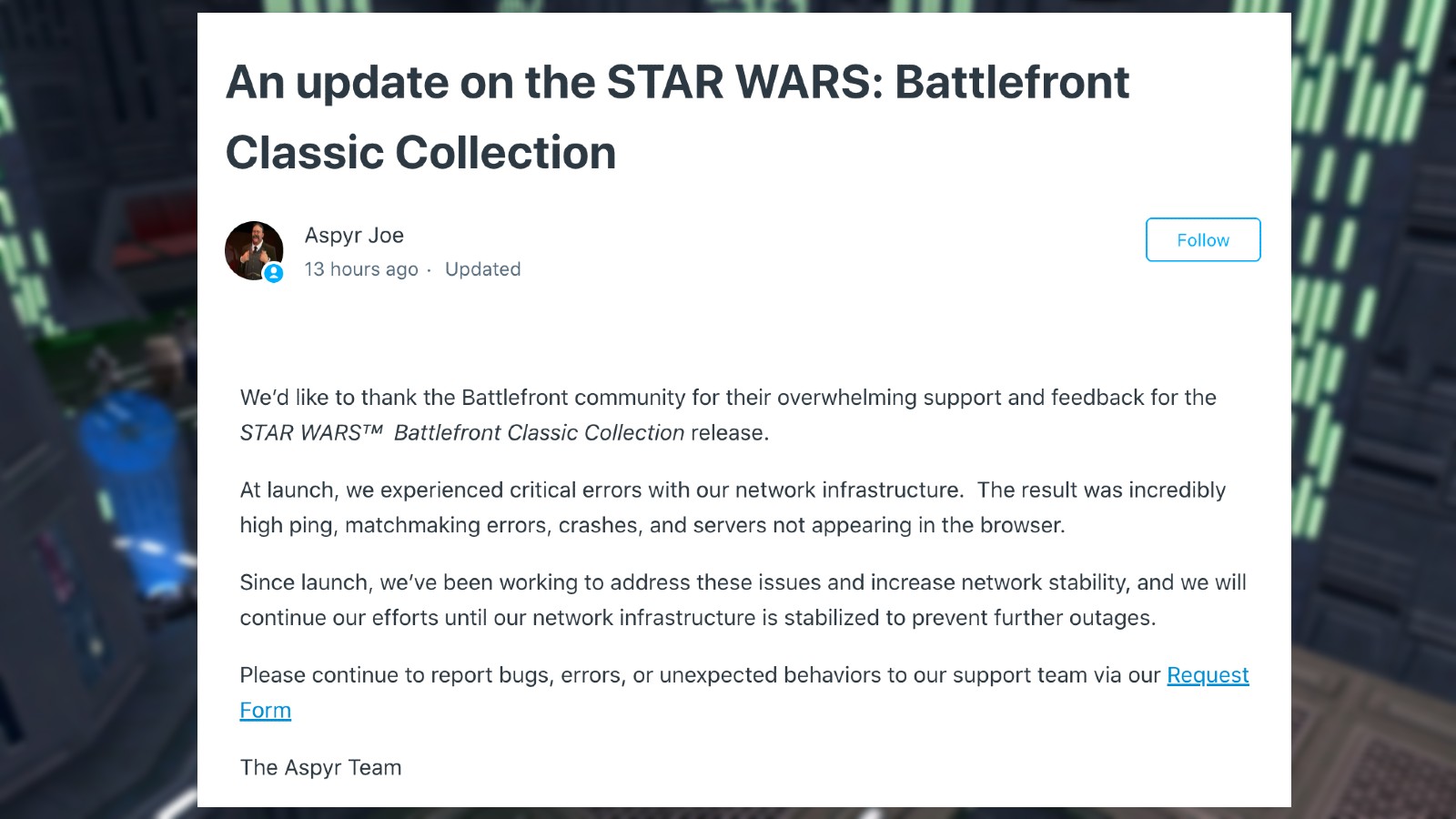 Developer Aspyr's response to disappointing Star Wars Battlefront Classic Collection launch