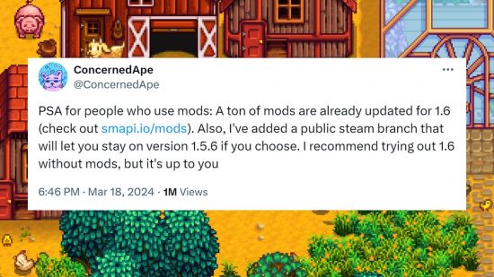 Stardew Valley 1.6 mods: an image of a ConcernedApe tweet