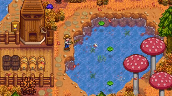 Stardew Valley mod 1.6 crops flowers: an isometric pixel art image of a farmer fishing in a small pond