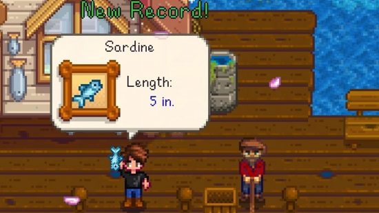 A player fishes up a 5-inch Sardine with the Auto Fishing 2.0 Stardew Valley mod.