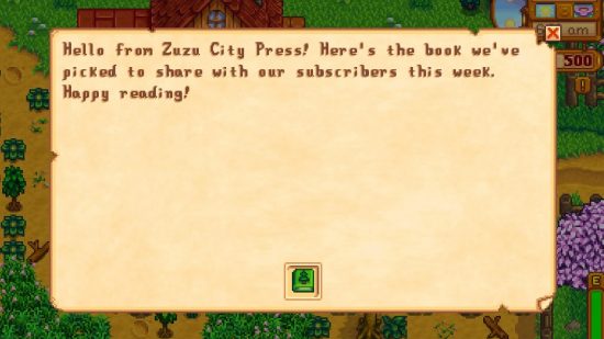 A letter in Stardew Valley, telling the player about their new Book Subscription, thanks to one of the best Stardew Valley mods.