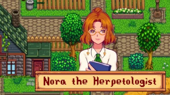 A red-haired young woman, Nora the Herpetologist, a new NPC added in one of the best Stardew Valley mods.