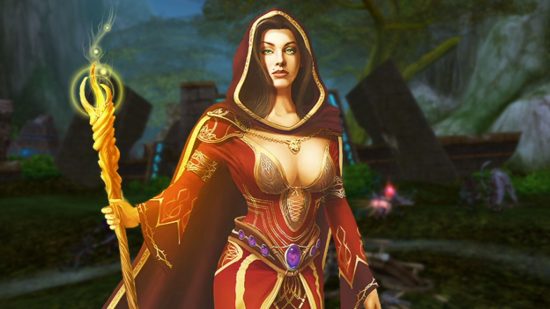 Forgotten 15-year-old Steam MMO is back with huge new update: An attractive woman wearing a red robe with golden outlines holding a golden staff stands on a background with runes