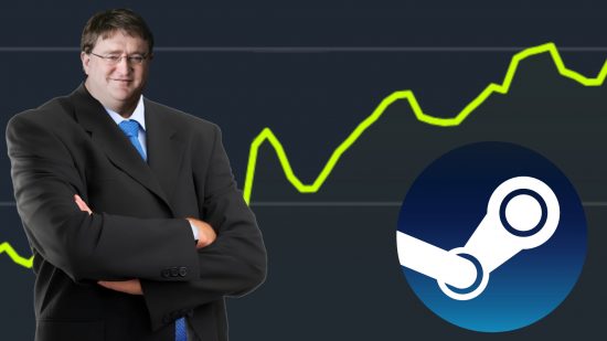 The head of Valve CEO Gabe Newell placed atop a suit, with a bar chart in the background, and a Steam logo on the right