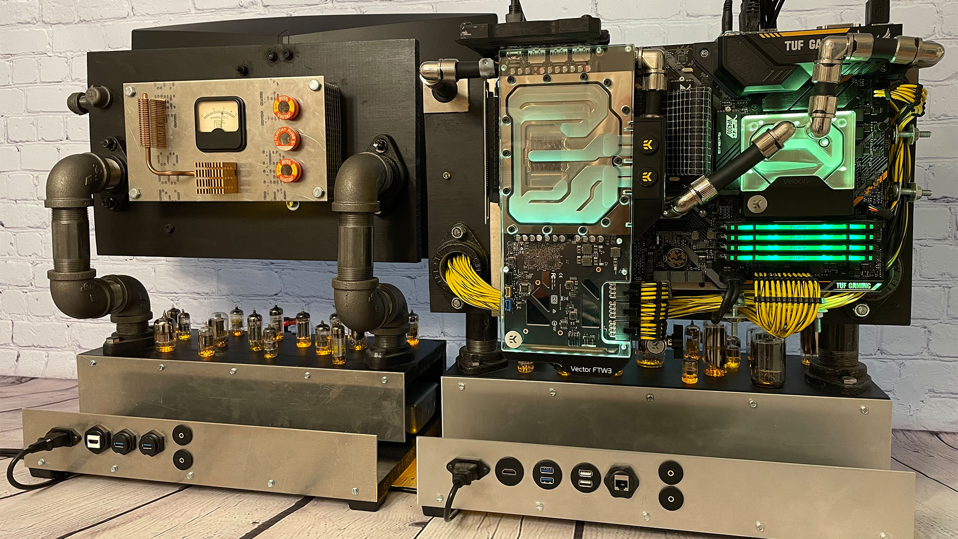 The inside of the steampunk gaming PC which sits on a desk