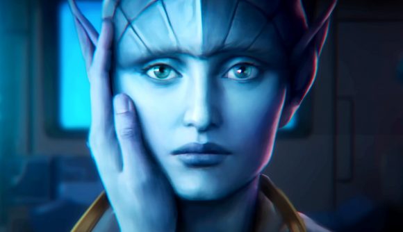 Stellaris The Machine Age - A blue-skinned person looks mournfully into the camera as their companion places a hand gently against their cheek.