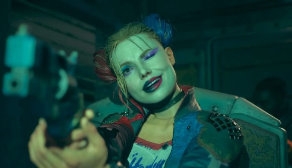 Suicide Squad Kill the Justice League Steam sale: DC's Harley Quinn holding up a pistol and closing one eye to aim down the sight