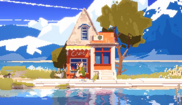 Summerhouse is a beautiful sandbox game out now on Steam - A small café built alongside a lake, its reflection playing off the water as birds peck at the grass nearby.