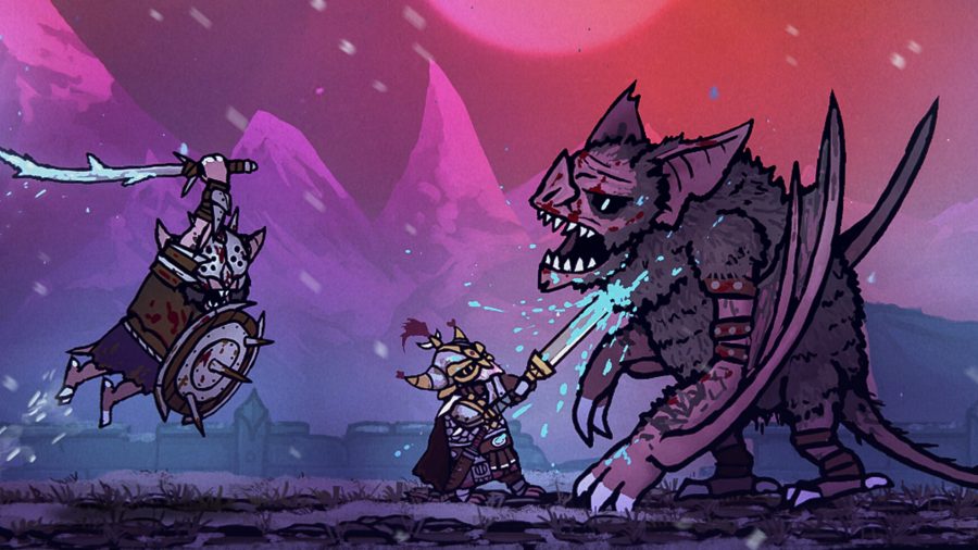 Tails of Iron 2: Whiskers of Winter - Two rats in armor fight a giant, winged bat-pig creature.