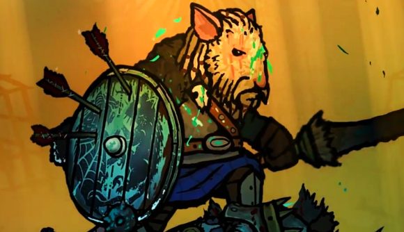 Tails of Iron 2 Whiskers of Winter is the return of a beloved 2D indie soulslike game - Arlo, a warrior rat, holding an arrow-stuck shield and a sword.