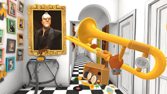 A screenshot from Taskmaster VR shoing a player wielding a trumpted with a portrait of greg davies in the bacground