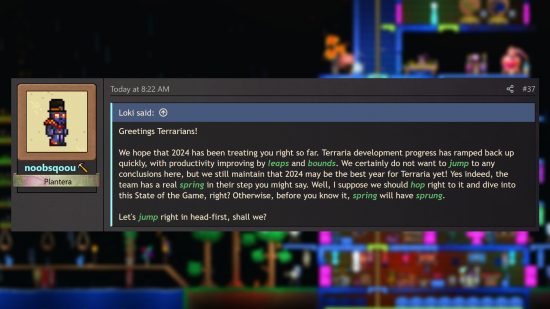 Terraria 1.4.5 update - User 'noobsqoou' highlights spring-related words in the post from Ted 'Loki' Murphy.