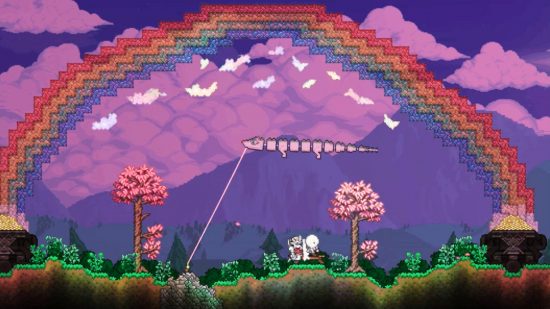 Terrarien 1.4.5. Update-Spoiler – Ein langer Drachen fliegt, an einer Stange im Boden befestigt, unter einem riesigen Regenbogen.