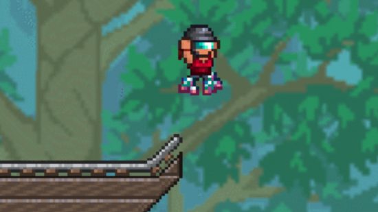 Spoiler de la actualización Terraria 1.4.5: un personaje que lleva patines salta de las vías del tren y levanta los brazos en el aire mientras se aleja volando.
