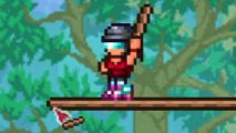 Terraria 1.4.5 update spoilers - A player wearing a futuristic safety helmet and roller skates rides along a wooden platform, placing more pieces of it.