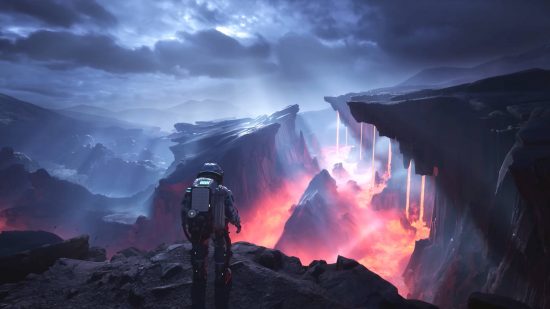 The Alters release date: Jan is standing on a cliff edge, looking at the lava below.