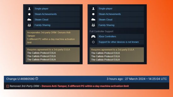  Screenshots showing the removal of Denuvo Anti-Tamper from The Callisto Protocol on Steam.
