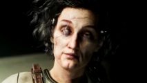 The Outlast Trials shares update roadmap - Dorris, a woman with wild hair and a scarred, milky eye who sells upgrades.