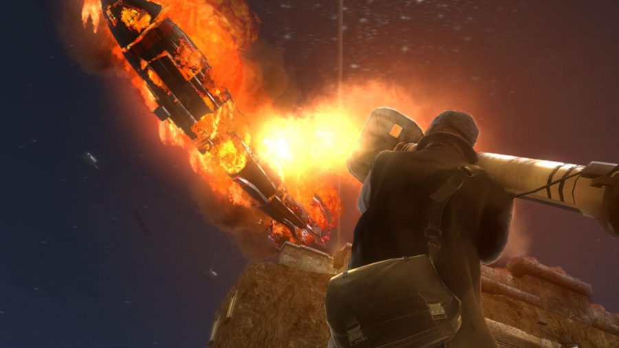 The Saboteur: A man in a coat and hat shoots a rocket launcher from the ground at a zeppelin in the sky, blowing it up