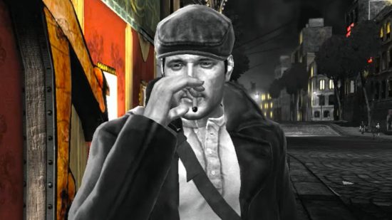 A black and white videogame character smoking a cigarette, wearing a 1940s style hat with a bright red building behind him on a dark black and white street