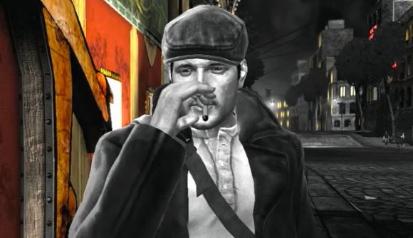 A black and white videogame character smoking a cigarette, wearing a 1940s style hat with a bright red building behind him on a dark black and white street