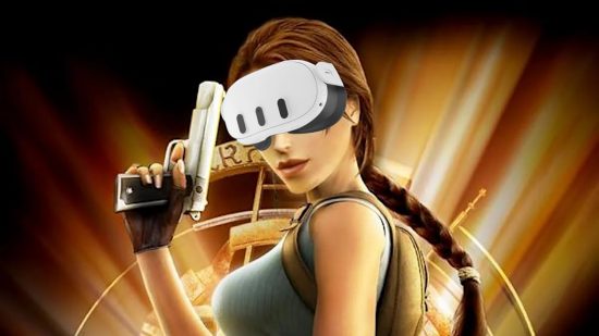 Lara Croft, the protagonist of Tomb Raider, wearing a Meta Quest 3 VR headset