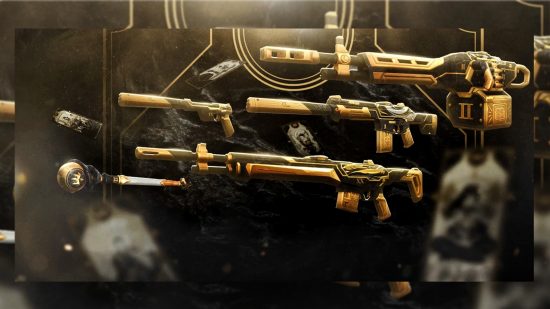A set of black and gold weapons that make up the Fortune's Hand set of Valorant skins.