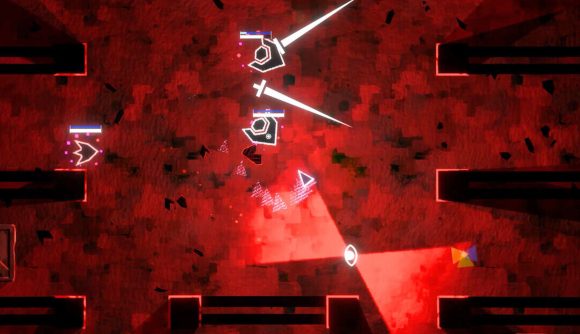Void Sols interview: a top down shot bathed in red of some shapes fighting