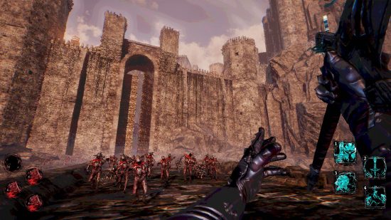  a first-person look at a knight with a sword, enemies and a giant castle wall ahead of them