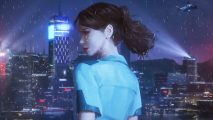 Cult classic action game plans comeback after "challenging release": A woman wearing a blue police shirt with black hair tied back looks over her shoulder at the camera, a neon cityscape behind her as rain falls