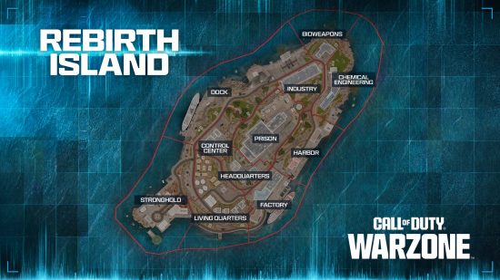 A top-down view of Warzone map Rebirth Island.