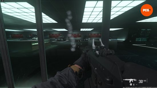 Warzone Sidewinder loadout: a person holding a gun, looking at a pane of glass with several bullet holes.