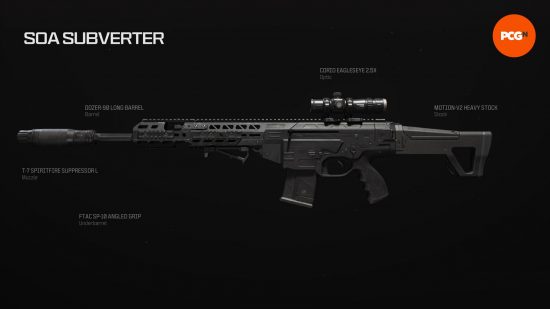 Warzone SOA Subverter: Pistole na černém pozadí se seznamem příloh.