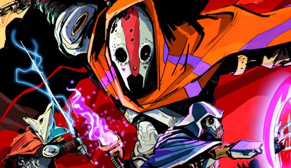 Witherbloom is a new co-op survival action RPG coming to Steam - A figure in an orange hood and white mask flanked by two other warriors.