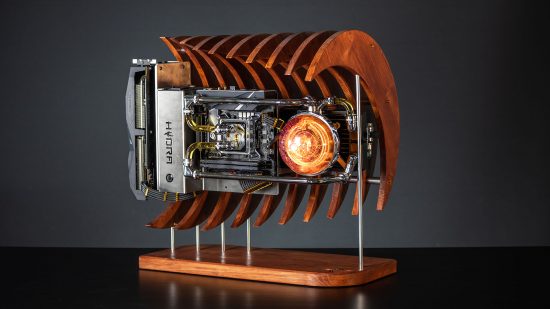 A wooden gaming PC shaped like a wave