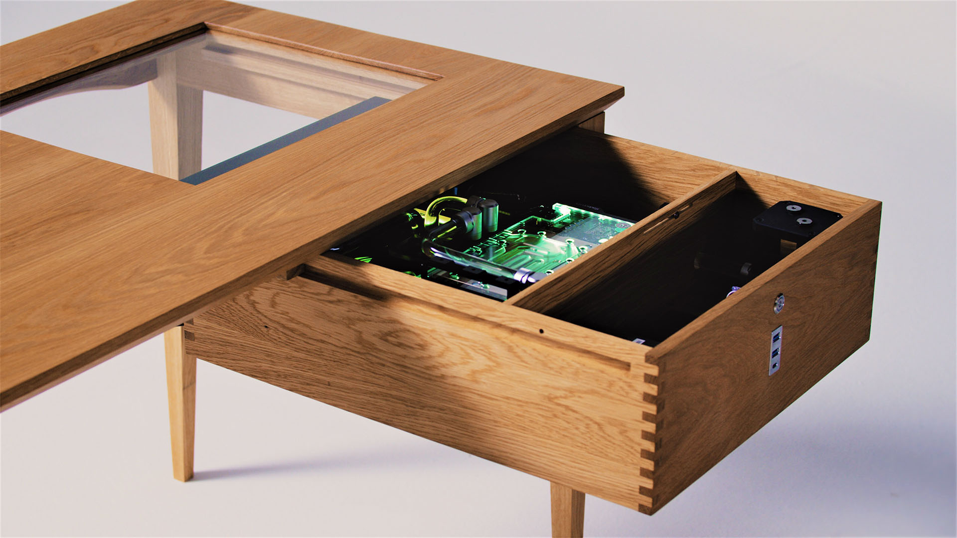 Wassergekühlter Schreibtisch-PC aus Holz: Offen mit grüner Beleuchtung