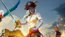 Huge WoW streamer brands players "horrible" after pirate backlash: A purple-skinned horned woman wearing a pirate outfit stands on a hill in front of an open treasure chest, waving her cutlass