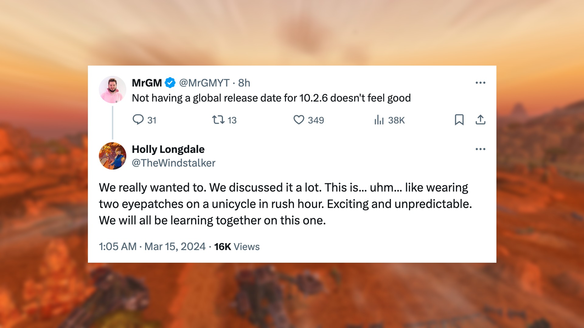 Tweet di aggiornamento di World of Warcraft da Holly Longdale