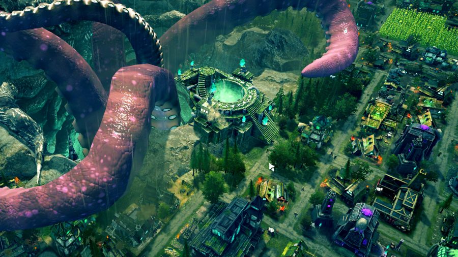 Worshippers of Cthulhu - Giant tentacles reach out of a pit and wrap around city buildings in this Lovecraftian strategy game.