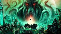 Worshippers of Cthulhu - A giant, tentacle-faced figure with red eyes peers down over a sprawling city, glaring at a singular figure who is floating up into the sky.